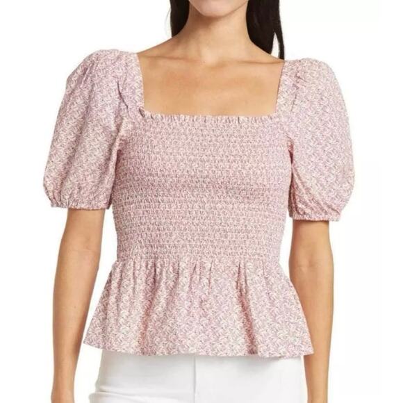 French Connection Floral Cottagecore Puff Sleeve Poplin Smocked Babydoll Top M - Picture 1 of 8